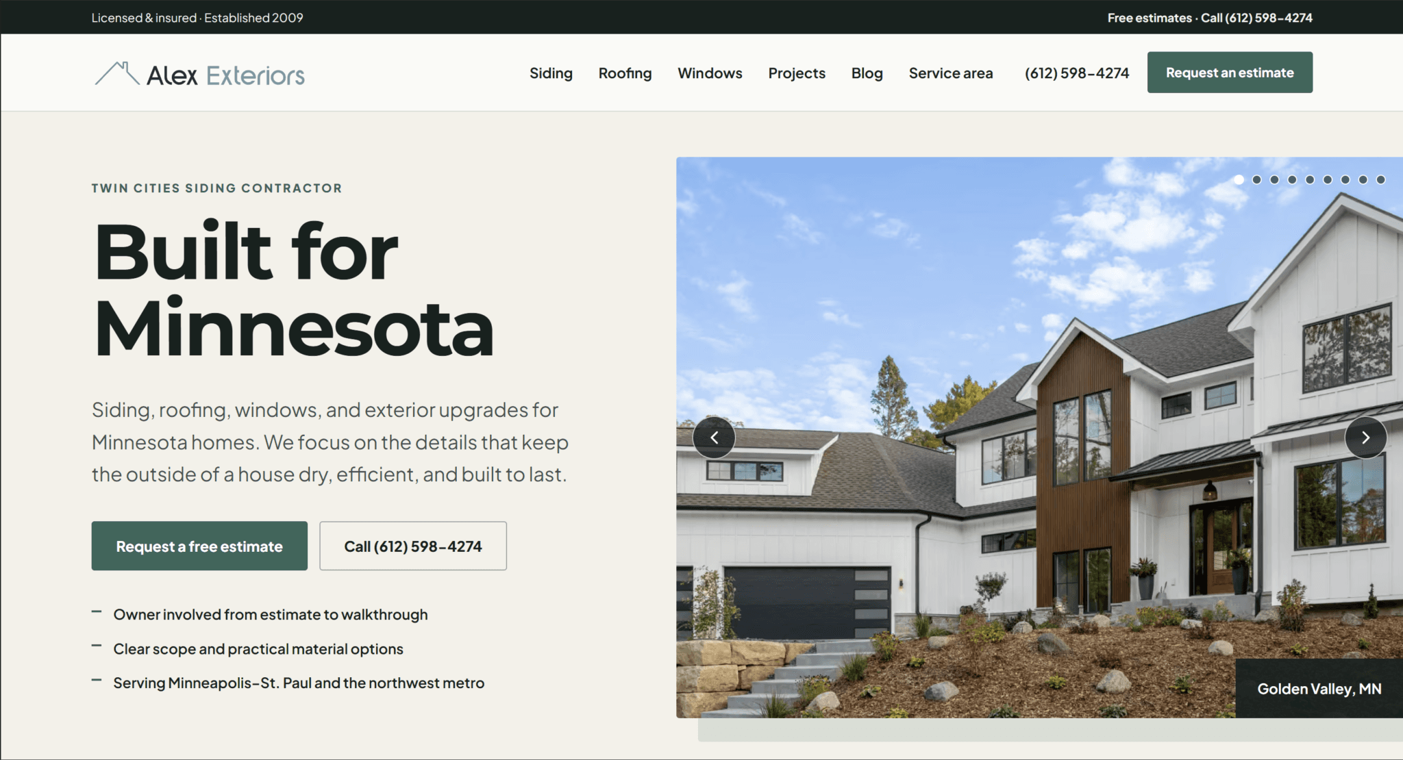 Alex Exteriors homepage featuring its Built for Minnesota message and a Golden Valley home