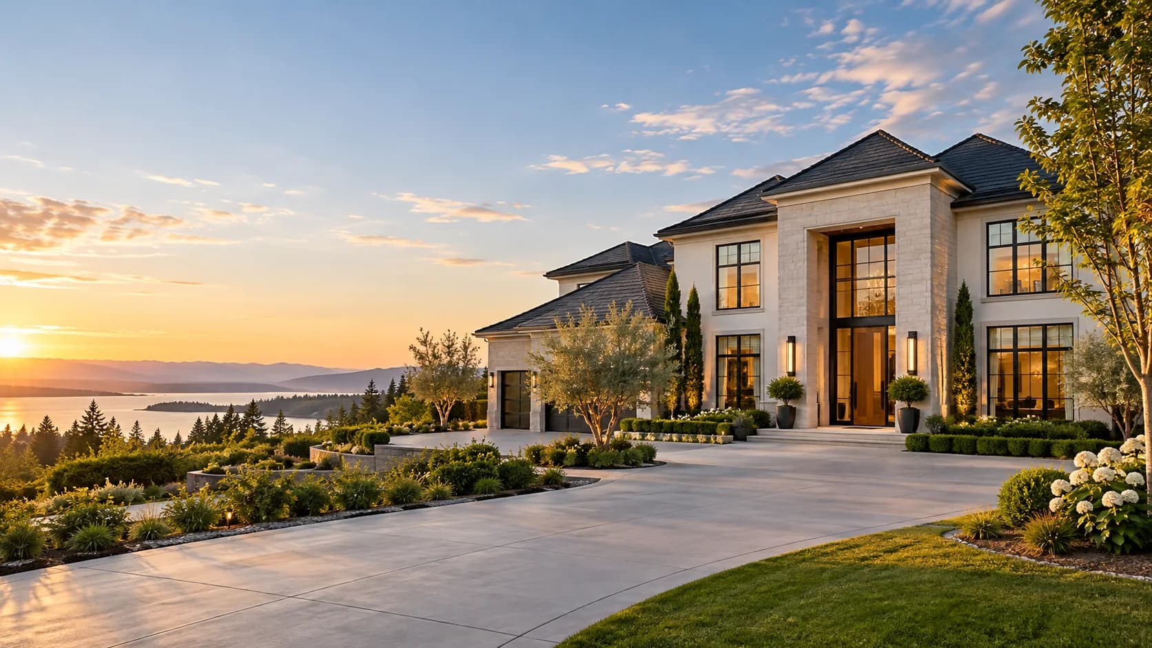 Fictional luxury home overlooking a lake at sunset