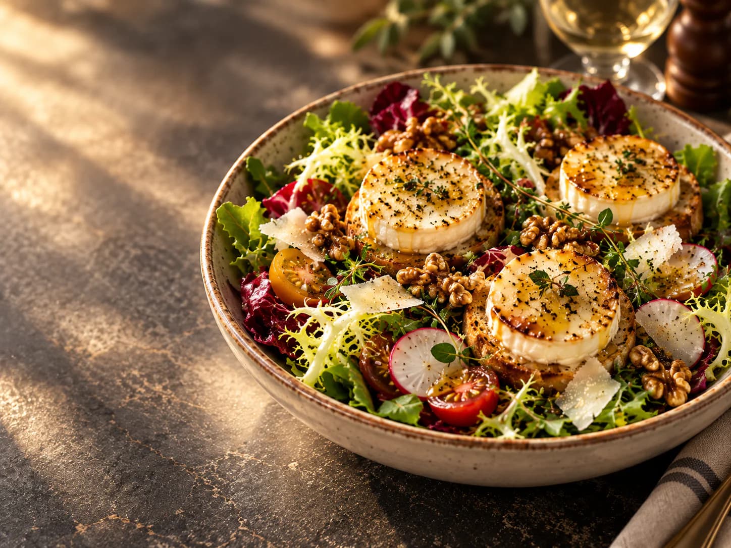 Salade de Chèvre Chaud with warm goat cheese, walnuts, greens, and honey vinaigrette