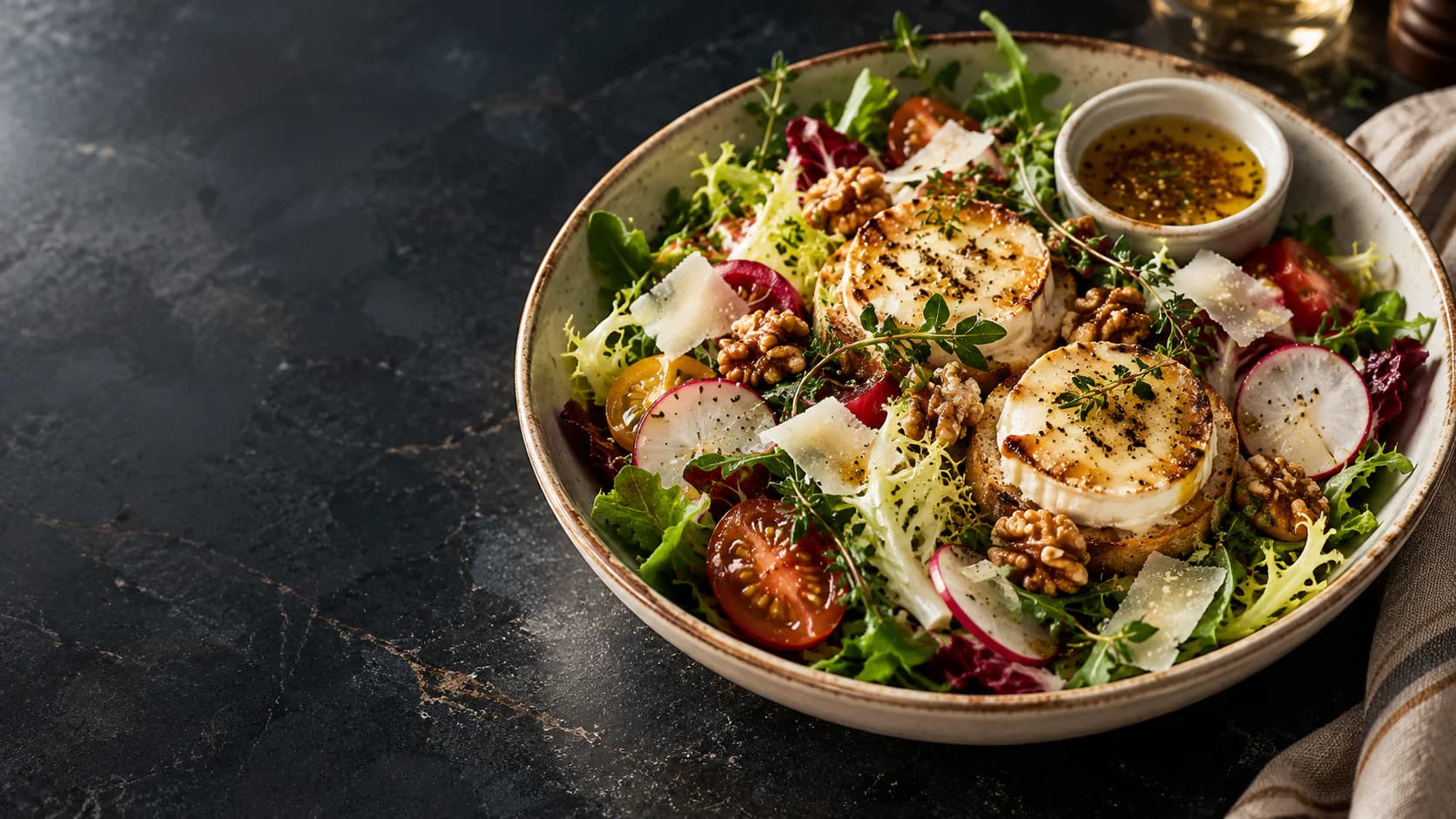 A French salad with warm goat cheese, walnuts, greens, tomatoes, and vinaigrette