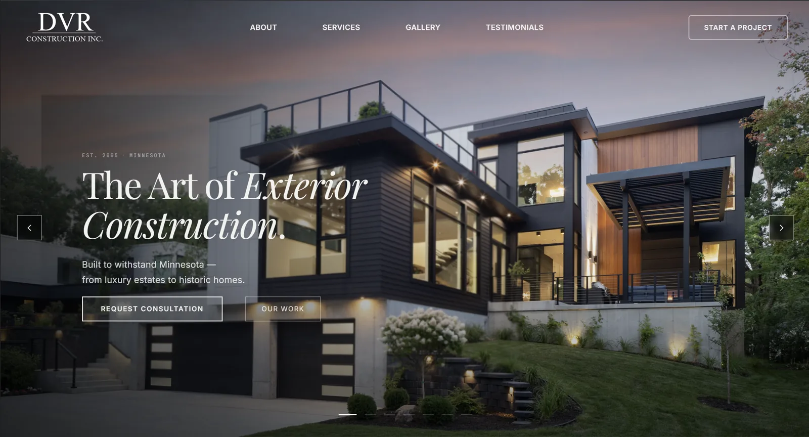 DVR Construction website homepage showing a Minnesota home exterior